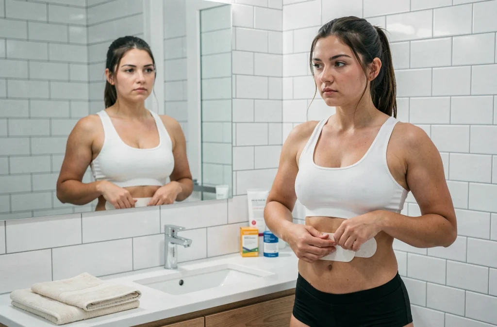 Femme appliquant un patch minceur It Works sur l'abdomen devant un miroir de salle de bain, routine bien-être quotidienne