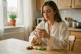 Femme enceinte en robe de chambre tenant une tasse de tisane au gingembre pour soulager les nausées matinales