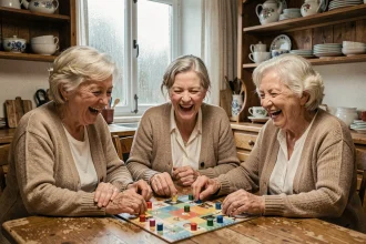 Trois femmes âgées jouant à un jeu de société ensemble autour d'une table en bois, symbolisant les liens sociaux et la stimulation cognitive chez les aînés