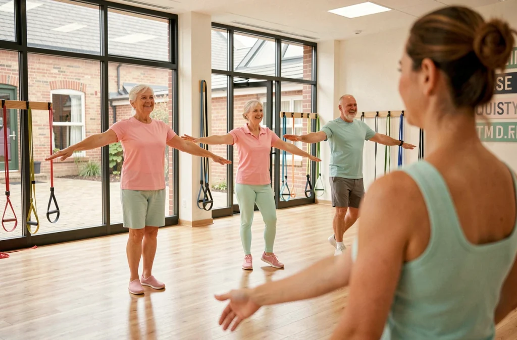 Groupe de seniors réalisant des exercices d'équilibre debout lors d'un cours d'activité physique adaptée en salle