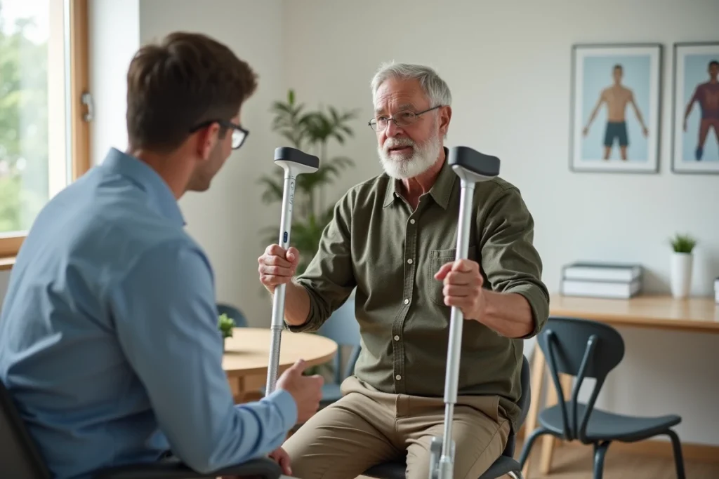 Homme en consultation de rééducation examinant une béquille réglable intelligente avec affichage numérique