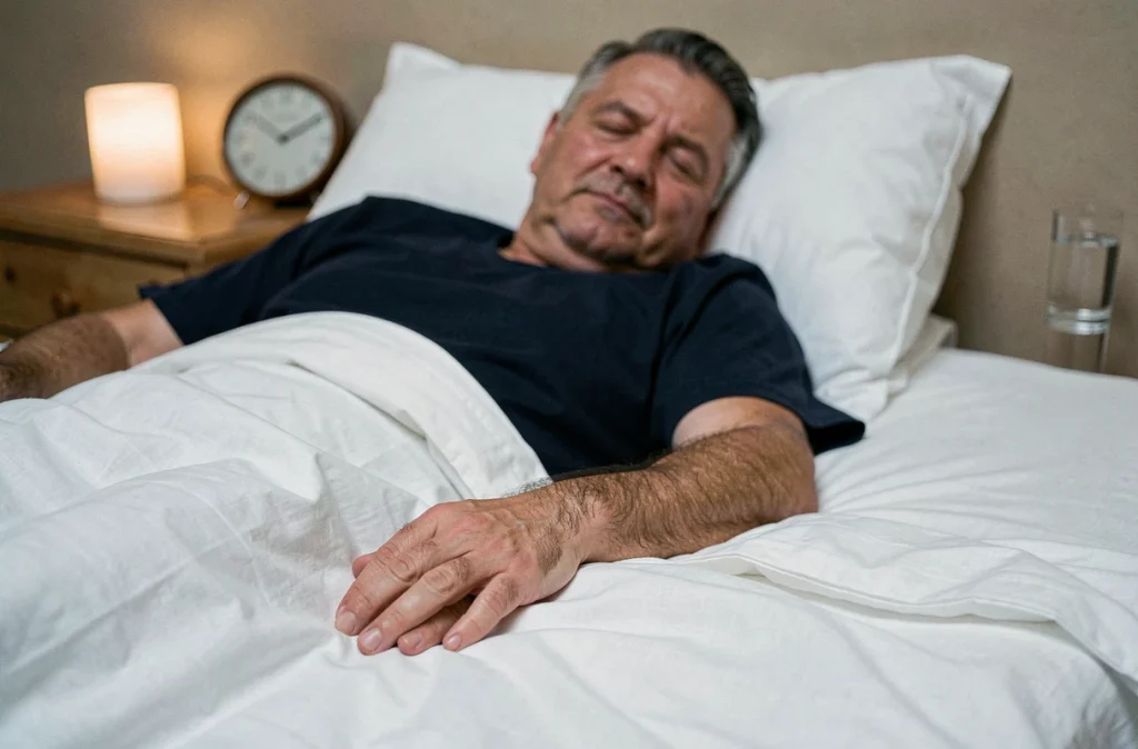 Homme qui se gratte la main droite la nuit dans son lit, superstition argent et démangeaison