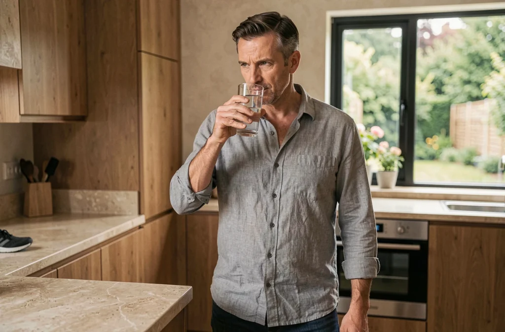 Homme buvant un verre d'eau dans sa cuisine après une activité sportive, symbolisant l'hydratation et la prévention des maladies rénales
