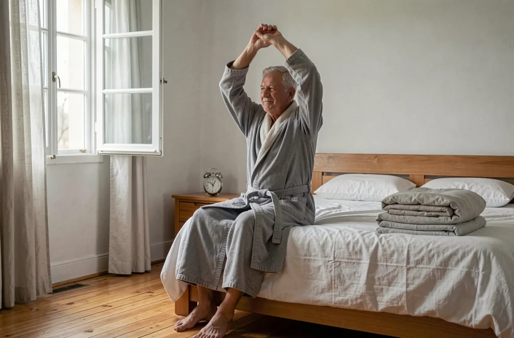 Homme senior de 68 ans s'étirant au réveil sur le bord de son lit, symbolisant un sommeil réparateur bénéfique pour la santé après 65 ans