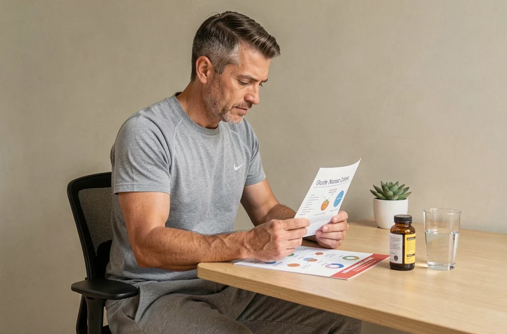 Homme consultant un tableau nutritionnel et un complément minceur à son bureau