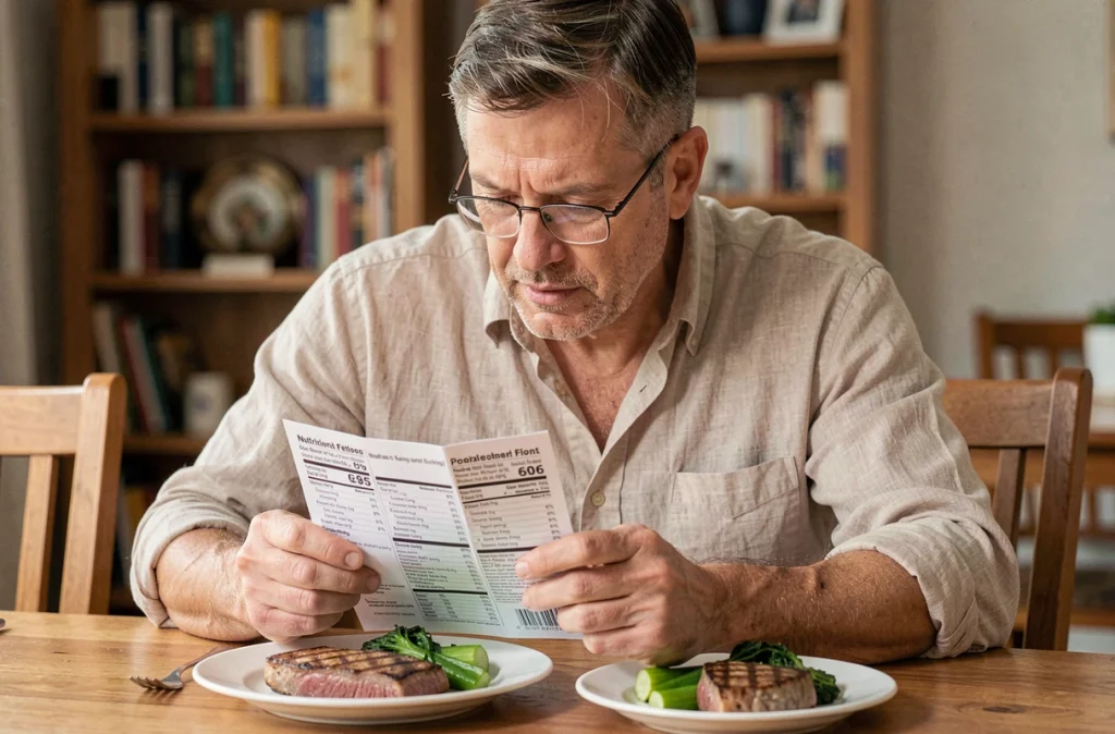 Homme d'âge moyen consultant une brochure nutritionnelle devant une assiette de viande rouge maigre grillée, symbolisant la vigilance face au cholestérol