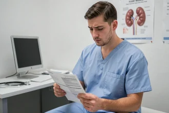 Jeune homme adulte en cabinet médical consultant ses résultats d'analyse rénale, illustrant un DFG élevé