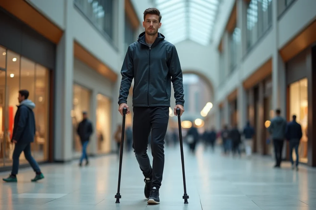 Jeune homme utilisant des béquilles avant-bras en titane dans un centre commercial moderne et accessible