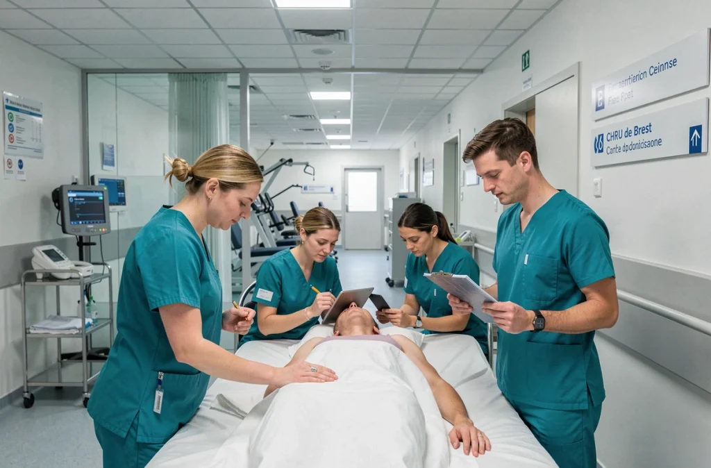 Équipe de kinésithérapeutes du CHRU de Brest collaborant autour d'un patient dans le service de rééducation