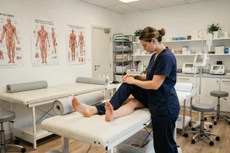 Kinésithérapeute travaillant avec un patient dans un cabinet moderne du Finistère, Bretagne