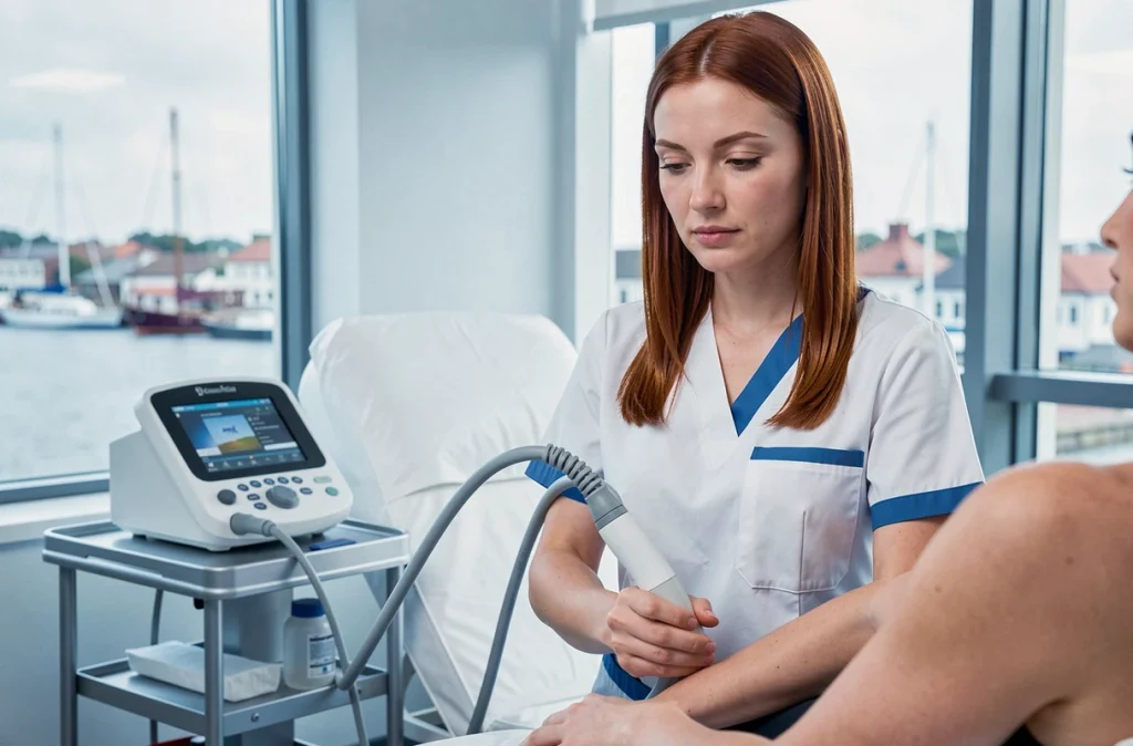 Laura Miller, kinésithérapeute à Brest, utilisant un appareil d'échographie thérapeutique sur l'épaule d'un patient