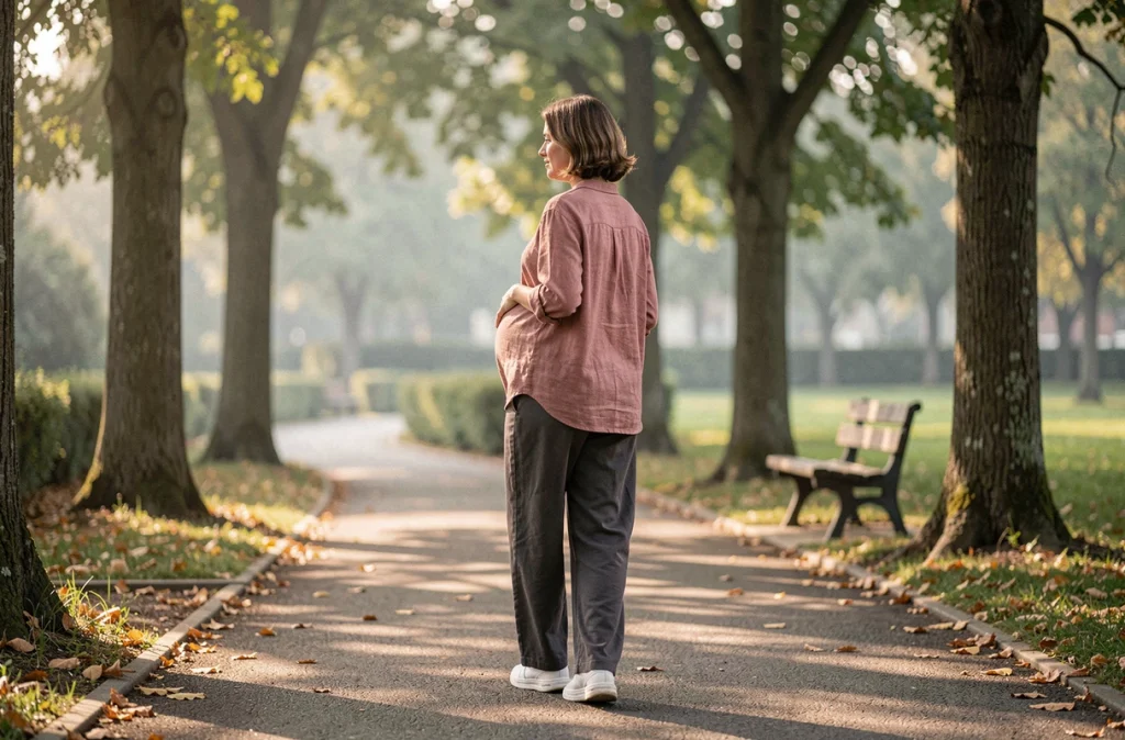 Femme enceinte se promenant sur un chemin de parc arboré portant une tenue confortable, activité physique douce recommandée pendant la grossesse