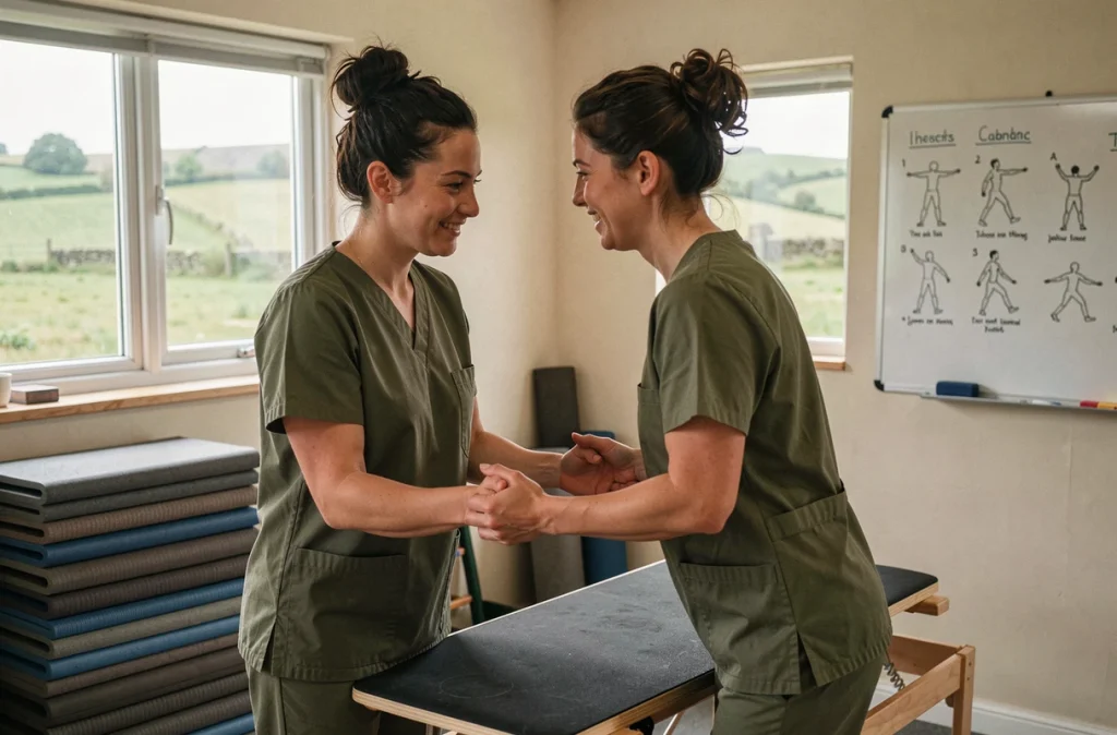 Marine Lange, kinésithérapeute à Ergué-Gabéric, accompagnant un patient lors d'un exercice d'équilibre