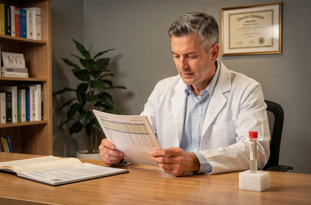 Médecin généraliste analysant des résultats de prise de sang avec un tube de sérum opalescent posé sur le bureau en consultation