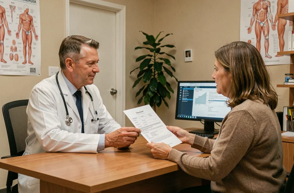 Médecin généraliste remettant une ordonnance de référence à une patiente lors d'une consultation pour un avis dermatopathologique