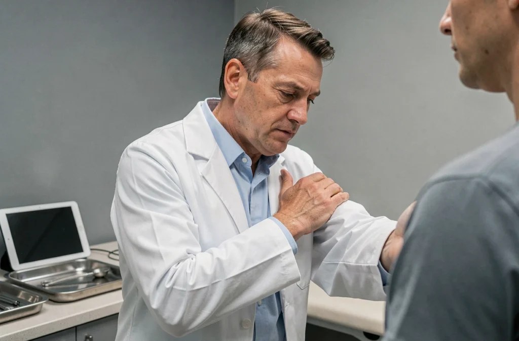 Médecin palpant un ganglion gonflé au niveau du cou d'un patient en cabinet médical
