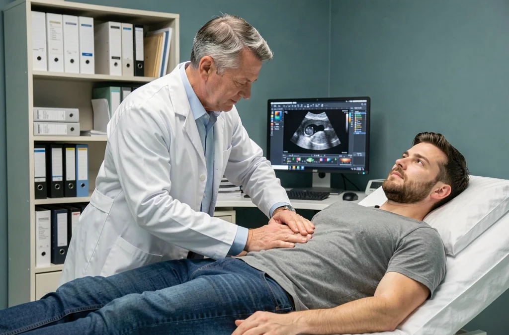Médecin examinant la région inguinale d'un patient masculin lors d'un examen clinique dans un cabinet médical moderne