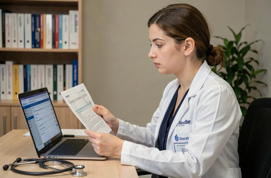 Médecin généraliste consultant une base de données médicale en ligne pour vérifier les contre-indications d'une ordonnance