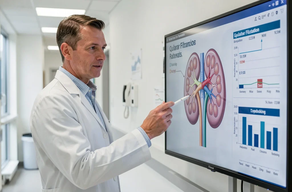 Néphrologue expliquant un DFG élevé et l'hyperfiltration rénale sur un écran médical en milieu hospitalier