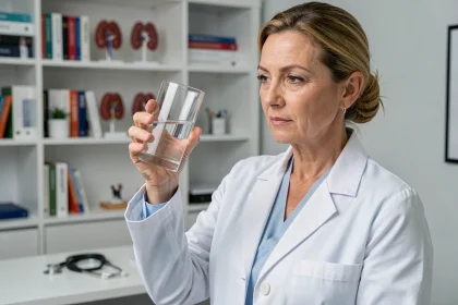 Néphrologue examinant un verre d'eau dans un cabinet médical moderne, illustrant le choix de la meilleure eau pour la santé des reins