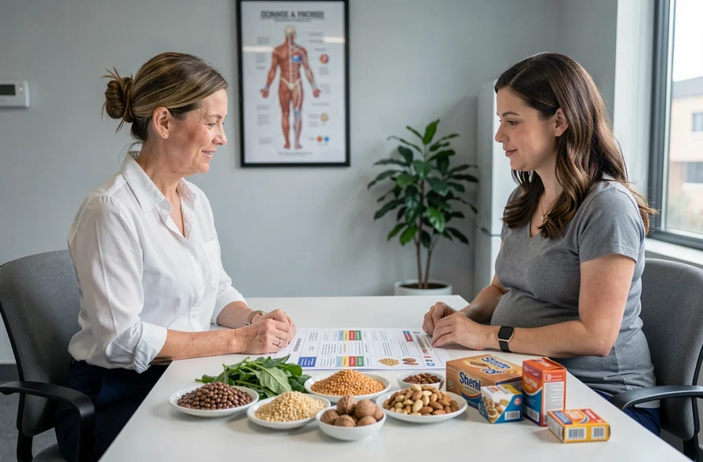 Nutritionniste conseillant une femme enceinte sur un plan alimentaire végétarien équilibré