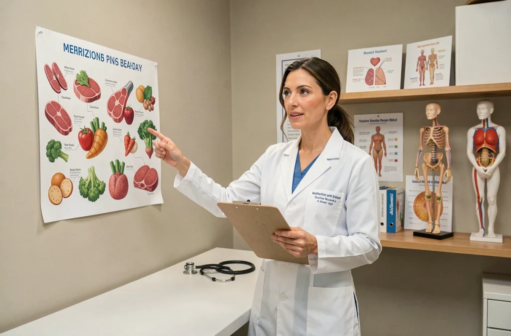 Nutritionniste expliquant les effets de la viande rouge maigre sur le cholestérol à l'aide d'un tableau alimentaire dans un cabinet médical