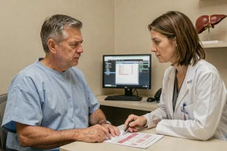 Patient homme consultant son médecin après un résultat de prise de sang avec GGT élevée