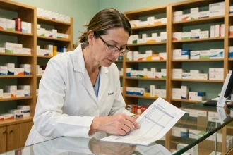 Pharmacienne en blouse blanche examinant attentivement une liste de médicaments au comptoir d'une pharmacie moderne