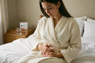 Jeune femme assise sur un lit tenant son ventre, symbolisant les premiers signes de grossesse