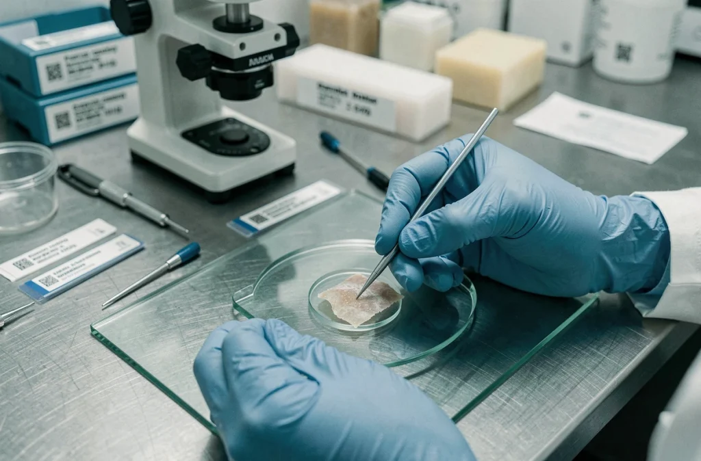 Mains gantées d'un dermatologue pathologiste préparant une biopsie cutanée sur lame de verre en laboratoire d'anatomopathologie