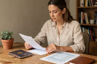 Femme préparant ses documents de santé et carnet de vaccination avant un voyage international