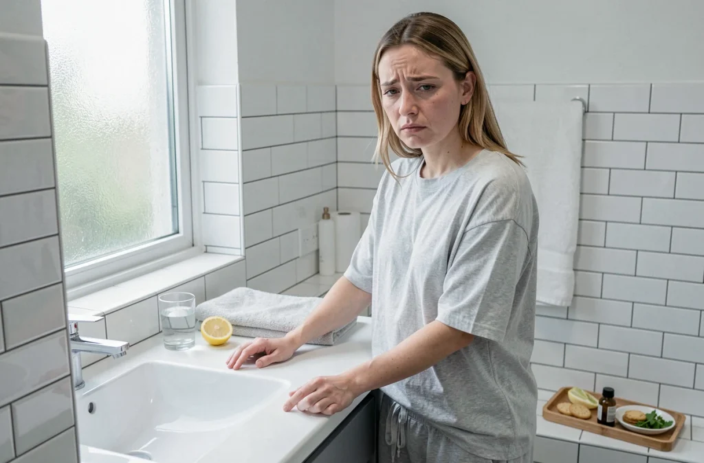 Femme debout dans sa salle de bain avec des remèdes naturels pour calmer les nausées du matin