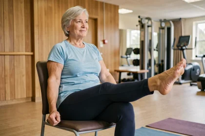 Femme senior pratiquant un exercice de mobilité adaptée assise sur une chaise dans un centre de bien-être