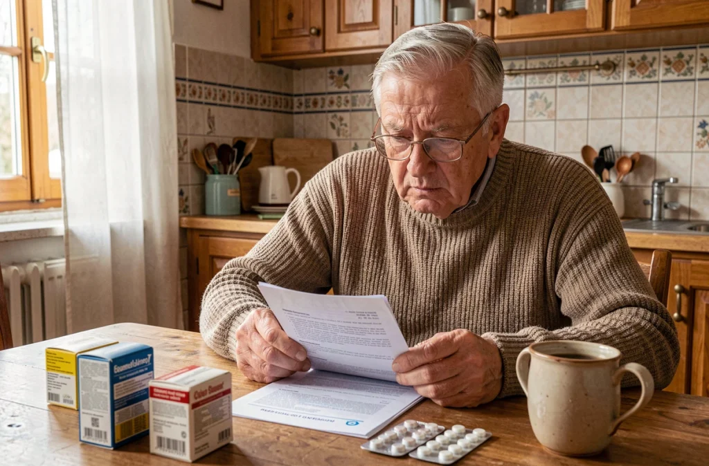 Homme âgé lisant une notice de médicament à sa table de cuisine entouré de boîtes de médicaments