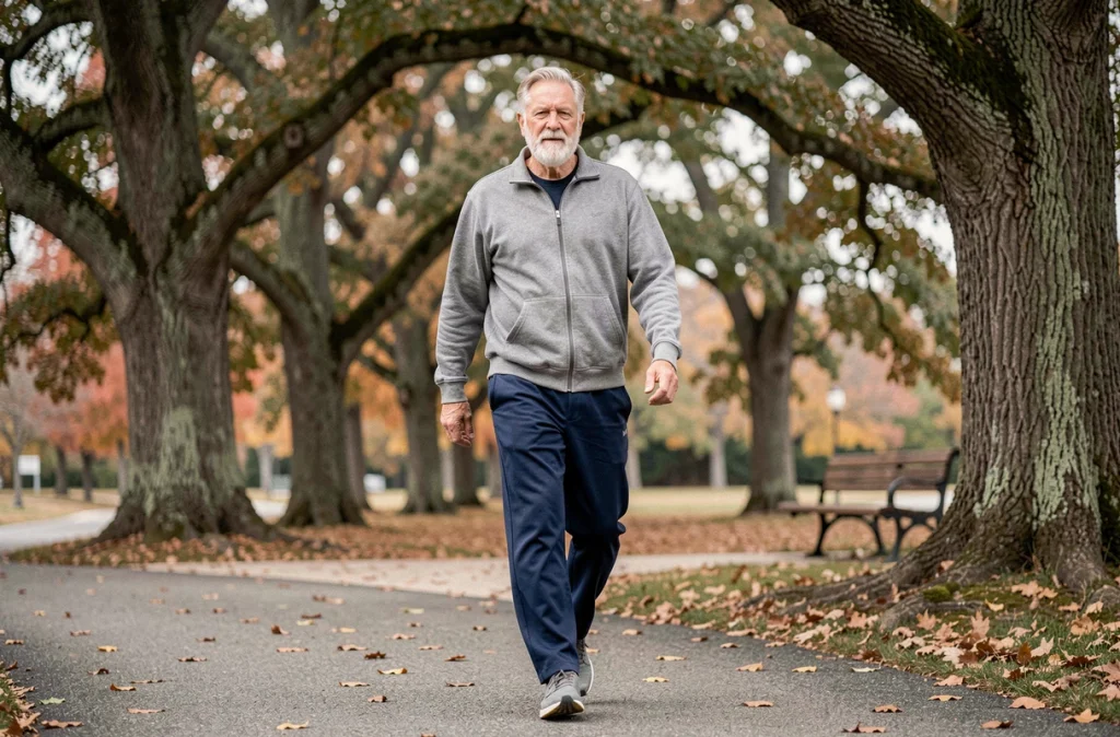Homme senior marchant activement dans un parc en automne dans le cadre d'une activité physique adaptée