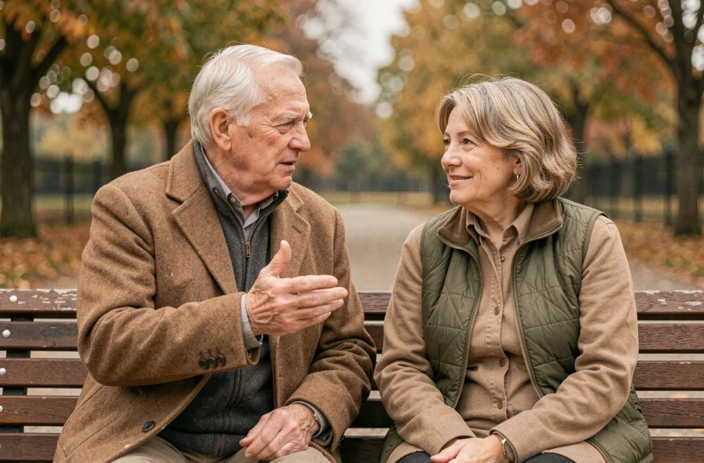 Un homme et une femme âgés en conversation animée sur un banc de parc en automne, illustrant l'importance des échanges sociaux pour la mémoire des seniors