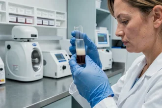 Technicienne de laboratoire tenant un tube de prise de sang avec un sérum opalescent lipémique, dans un laboratoire médical moderne