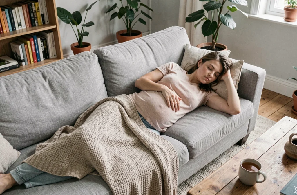 Femme enceinte du premier trimestre faisant une sieste sur le canapé sous un plaid tricoté dans un salon lumineux