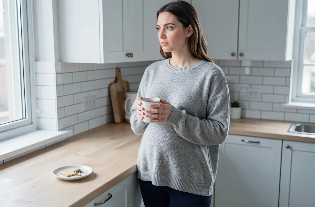 Femme tenant une tasse de tisane dans une cuisine moderne, illustrant la fatigue et les nausées du début de grossesse