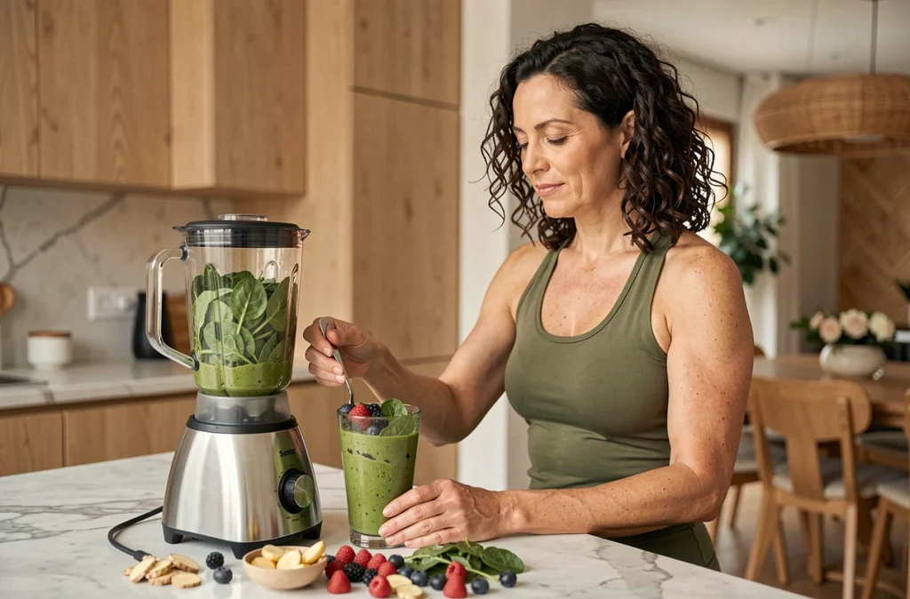 Femme préparant un smoothie sain aux légumes verts et fruits rouges pour réduire naturellement son taux de GGT