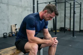Sportif épuisé assis sur un banc de gym après un entraînement intensif, illustrant le surentraînement et le stress physique