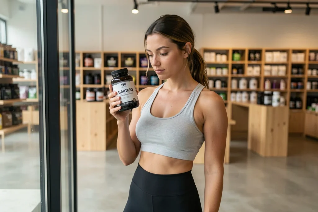 Sportive lisant l'étiquette d'un complément alimentaire en magasin, illustrant la recherche de solutions contre le stress et le surentraînement