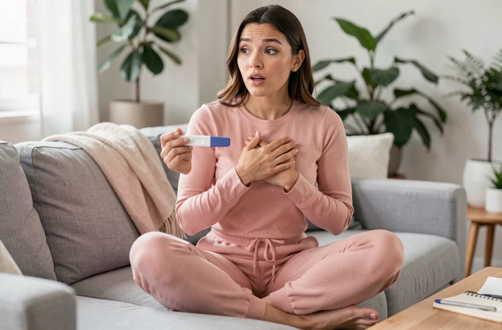 Femme tenant un test de grossesse positif sur un canapé, découvrant les premiers signes de sa grossesse