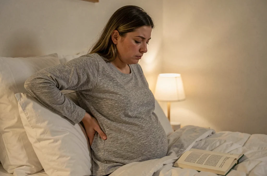Femme enceinte assise dans son lit la nuit avec un mal de dos, illustrant les troubles du sommeil pendant la grossesse