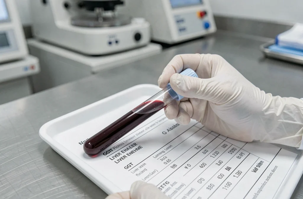 Tube de prise de sang et résultats d'analyse montrant un taux de GGT élevé en laboratoire médical