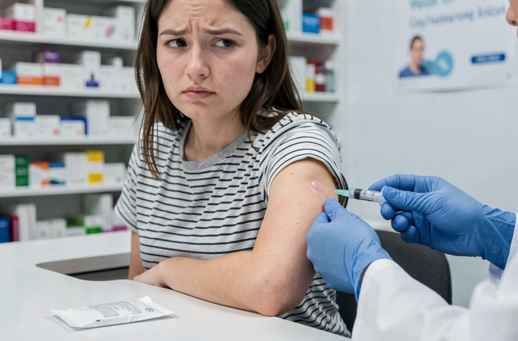 Jeune femme recevant un vaccin recommandé dans une pharmacie avant un départ en voyage