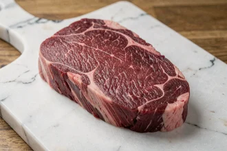 Tranche de viande rouge maigre crue sur une planche en marbre blanc dans une cuisine moderne, illustrant les choix alimentaires sains pour le cholestérol