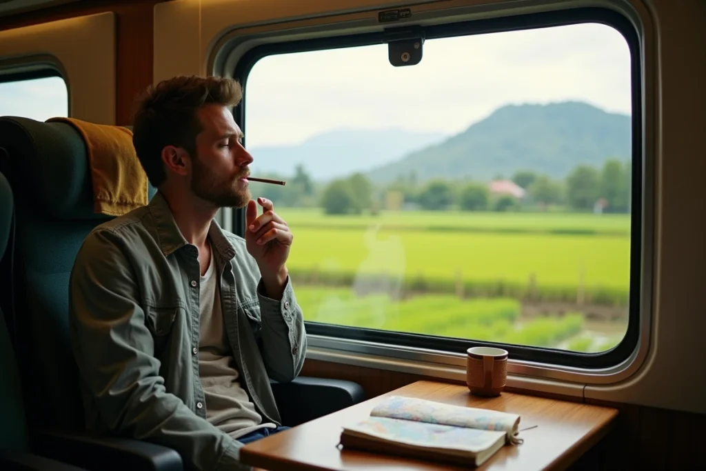 Voyageur utilisant un yadom thaïlandais dans un train traversant la campagne thaïlandaise