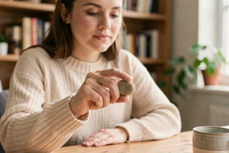 Jeune femme utilisant un worry stone pour éviter de se ronger les ongles, assise à un bureau en bois dans un bureau à domicile cosy