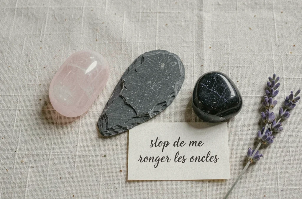 Trois worry stones posées sur du lin naturel avec une carte de motivation pour arrêter de se ronger les ongles, vue de dessus